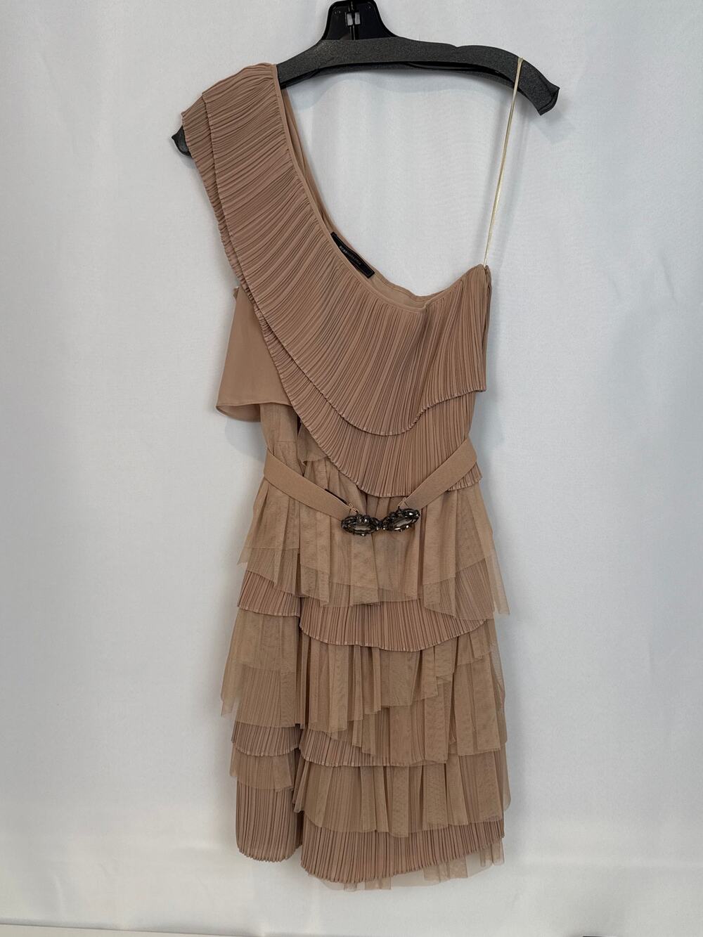 BCBGMAXAZRIA Nude One Shoulder Tiered Pleated Tulle Cocktail Dress L